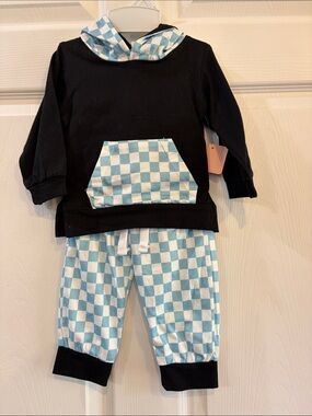 NWT Kids Two-Piece Black Hoodie & Pants Blue Check Set